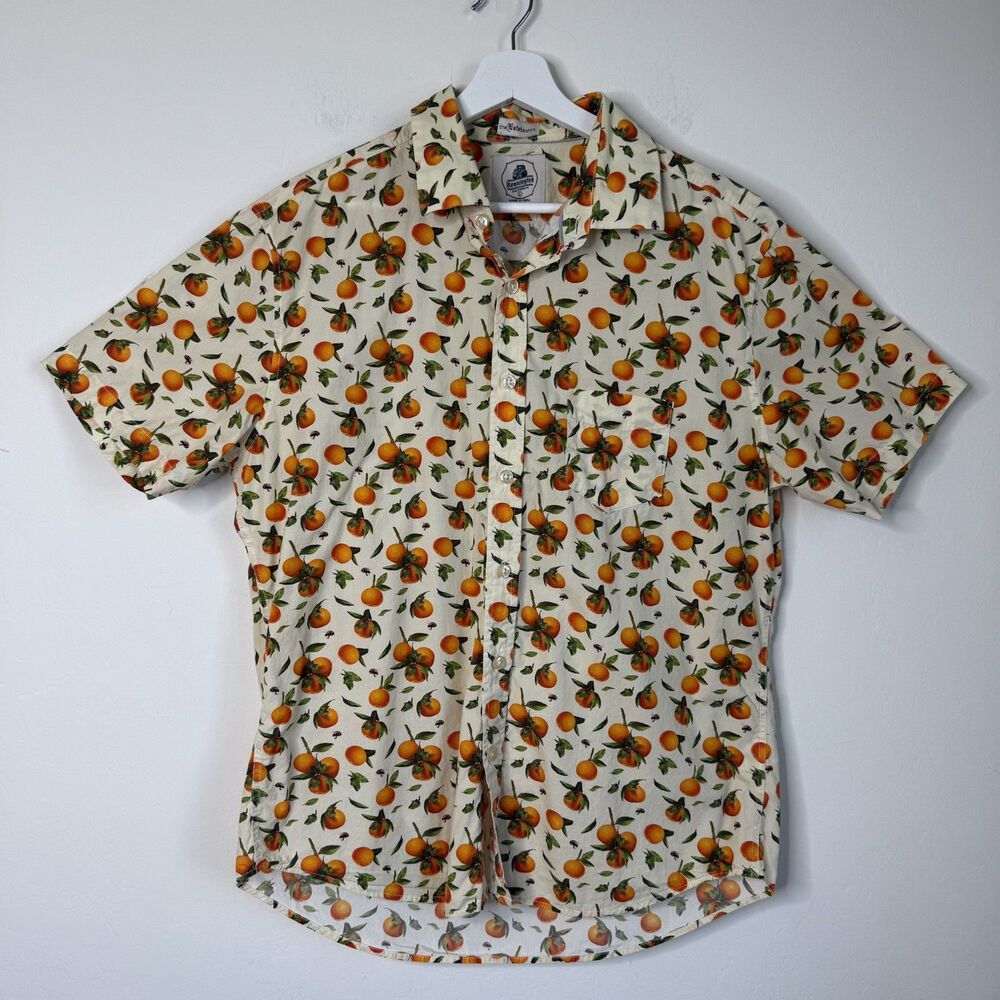 Kennington Sz Large Button Front Shirt Novelty Floral Tangerine Orange Bee Print